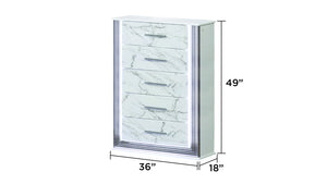 English Elm Desire White Chest with Marble-Pattern Drawers, LED Side Lighting & Metallic Trim, 5 Spacious Drawers G150109087