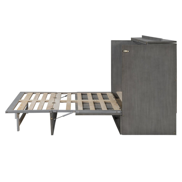 English Elm Full Size Murphy Bed Rattan Cabinet with Storage Drawers and Gold Hardware N708S00005AAE