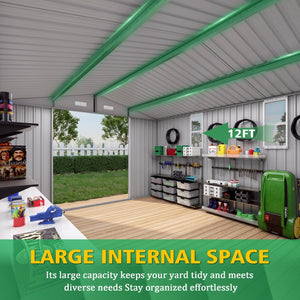 English Elm 10x12ft Galvanized Steel Outdoor Storage Shed with Vented Windows and Lockable Doors W3213S00008