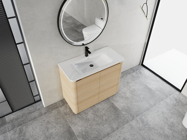 English Elm 40'' Freestanding Bathroom Vanity Plywood Cabinet Ceramic Sink Soft Close Doors W999S00518