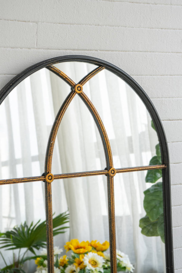 English Elm 28.3x47" Arched Wall Mirror with Baroque-Inspired Black & Gold Windowpane Frame, Elegant Accent for Entryway W2078P372545