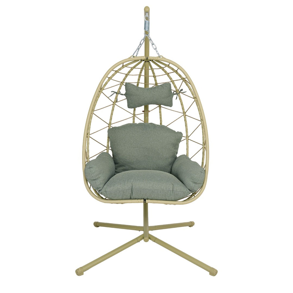 English Elm Hanging Egg Chair Wicker Swing with Stand Cushion Patio Balcony Ergonomic Cradle T5880P497574