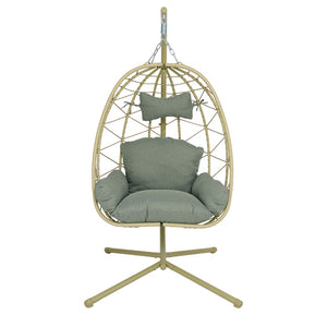 English Elm Hanging Egg Chair Wicker Swing with Stand Cushion Patio Balcony Ergonomic Cradle T5880P497574
