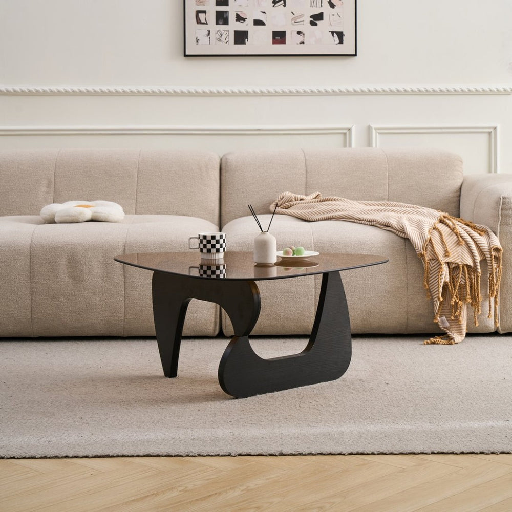 English Elm Century Mid-century Oak Base Tempered Glass Coffee Table Compact Living Room Accent Black+Brown W1718P452037