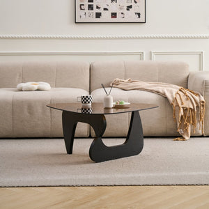 English Elm Century Mid-century Oak Base Tempered Glass Coffee Table Compact Living Room Accent Black+Brown W1718P452037