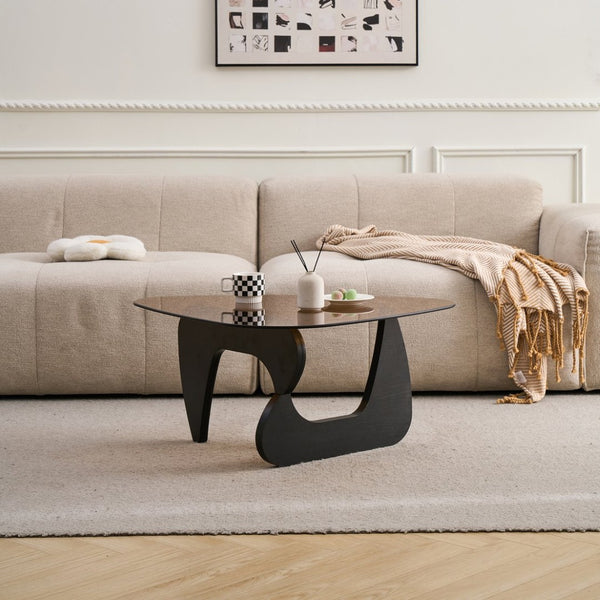 English Elm Glass Top Coffee Table Tempered Surface Oak Wood Base Mid-century Modern Living Room Black+Brown W1718P452035