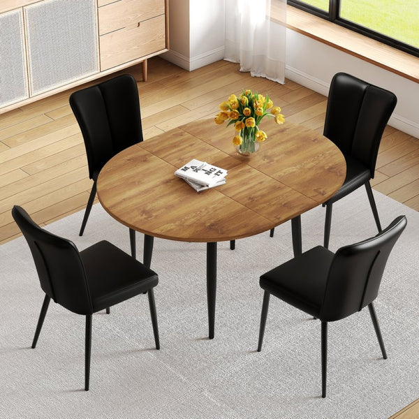 English Elm Table And Chair Set - Modern Extendable Mdf Dining Table With 4 Stylish Black Pu Chairs For Gatherings W1151S04145-GIGA