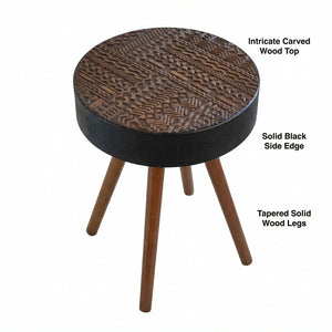 English Elm 15.7-inch Round Carved Mdf Accent Table Distressed Vintage Style for Bedroom or Living Room W3935P406043