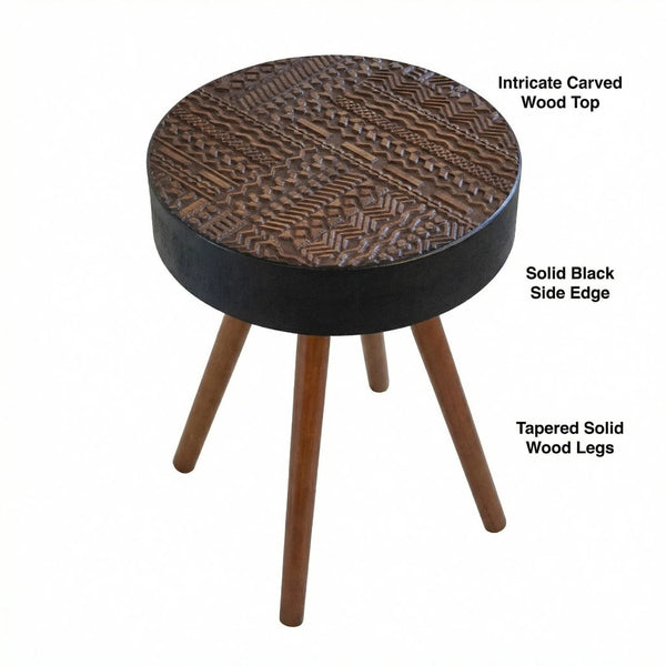English Elm 15.7-inch Round Carved Mdf Accent Table Distressed Vintage Style for Bedroom or Living Room W3935P406043