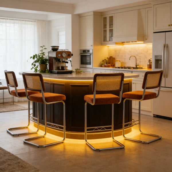 English Elm Natural Rattan Backrest Counter Stools Set of 4 with Chrome Legs and Pu Leather Seats W2920S00107
