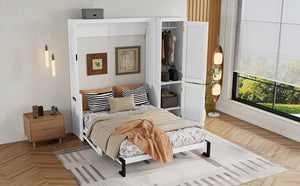 English Elm Queen Murphy Wall Bed with Integrated Desk Gas Strut Lift White Cabinet for Small Spaces W504S00271