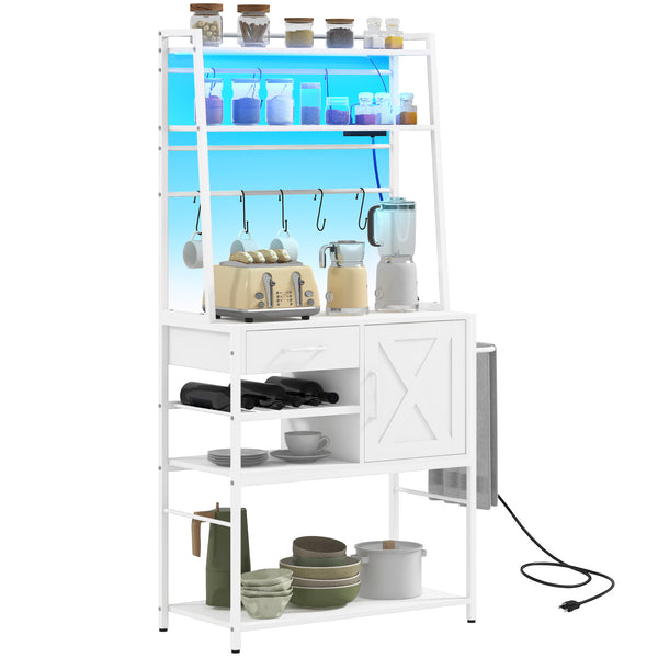 English Elm HOMCOM Baker's Rack with LED RGB Lights, Charging Station, Wine Rack, Drawer & Shelves White W2225P229081