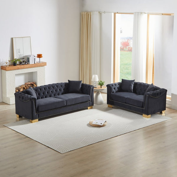 English Elm 3-seater and 2-seater Chesterfield Velvet Sofa Set with Tufted Back Gold Stud Trim Black+Blue W1926S00103