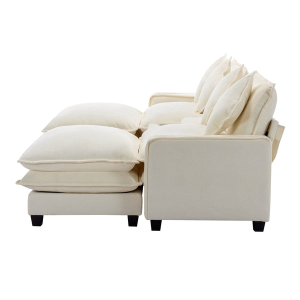 English Elm 111" Sectional Sofa Chenille Upholstered with Removable Ottoman, USB Ports, Cup Holders & Storage Box Beige N719S001480A