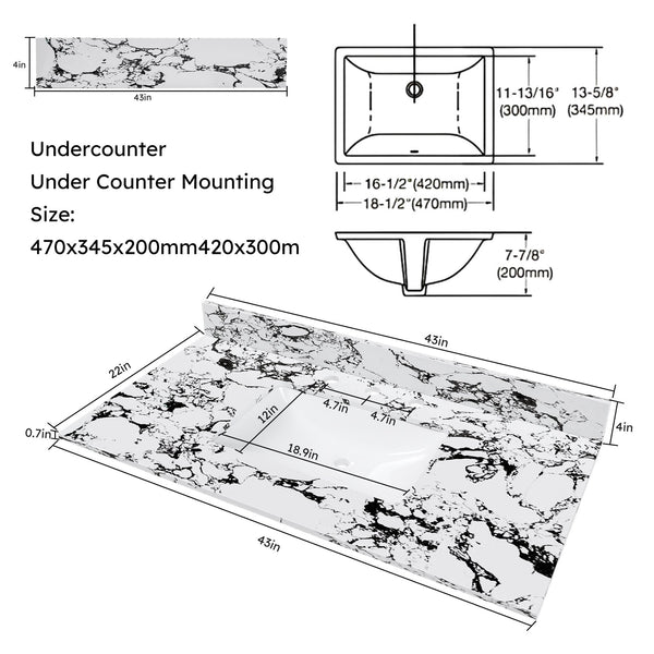 English Elm 43"X22" Bathroom Vanity Top With Undermount Sink & Backsplash - Panda White Artificial Marble Elegance W509P362108