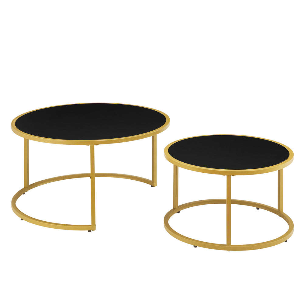 English Elm Modern Faux Leather Nesting Round Coffee Table Set with Gold Metal Base, Stylish Versatile Accent Tables for Living Room (Set of 2) Black W2186P340503
