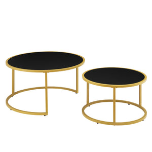 English Elm Modern Faux Leather Nesting Round Coffee Table Set with Gold Metal Base, Stylish Versatile Accent Tables for Living Room (Set of 2) Black W2186P340503