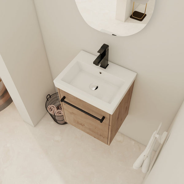 English Elm 18'' Floating Wall-Mounted Bathroom Vanity with Ceramic Sink, Soft-Close Door & Space-Saving Design Imitative Oak W999P236339