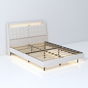 English Elm King Velvet Floating Bed Frame with LED RGB Lights, USB Charging, Hidden Headboard Storage, Beige W636P178861