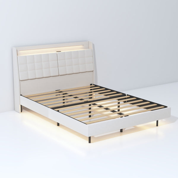 English Elm Queen Velvet Floating Bed Frame with LED RGB Lights, Hidden Storage Headboard & USB Charging Ports W636P178866