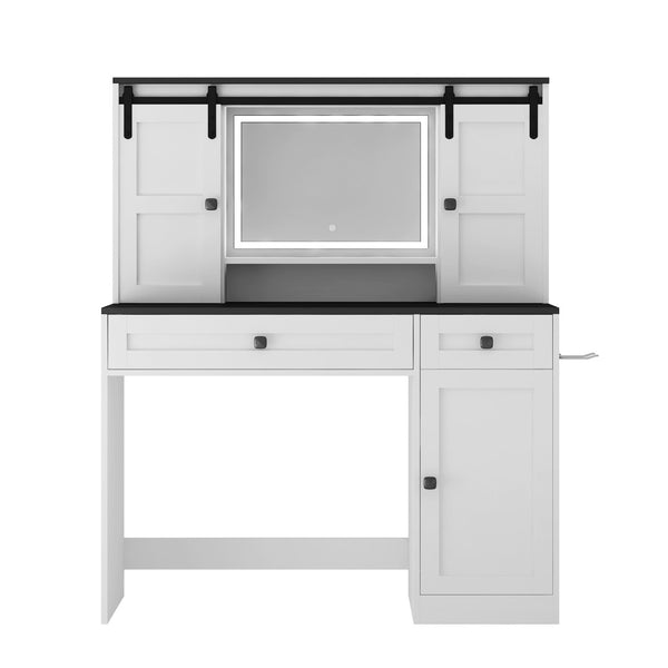 English Elm Farmhouse Vanity Table with Lighted Mirror Drawers and Hair Tool Storage for Bedroom W1321P423102