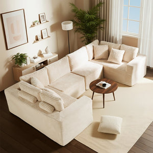 English Elm 135.5" Beige Corduroy U-shaped Sectional Six-seater with Reversible Chaise for Living Rooms W3276S00019
