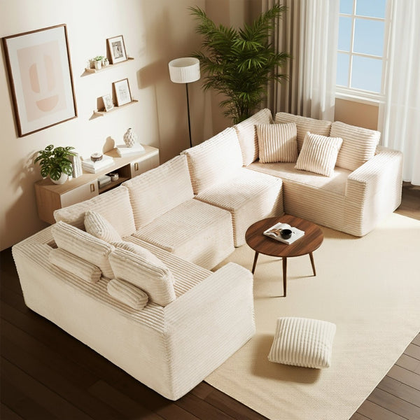 English Elm 135.5" Beige Corduroy U-shaped Sectional Six-seater with Reversible Chaise for Living Rooms W3276S00019