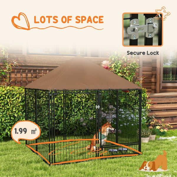 English Elm Pawhut Outdoor Steel Wire Dog Kennel with Oxford Canopy Roof and Rotating Feed Bowl W2225P173780