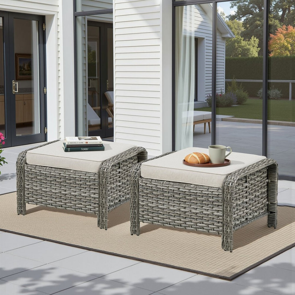 English Elm Outdoor Pe Wicker Patio Ottoman Set of 2 with Beige Cushions for Deck or Yard T3773P418584