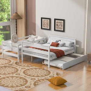 English Elm Wood Twin over Full Bunk Bed with Twin Trundle – Space-Saving Pine/MDF Triple Bed, Sturdy & Safe Design White GX000448AAK-1