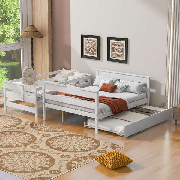 English Elm Wood Twin over Full Bunk Bed with Twin Trundle – Space-Saving Pine/MDF Triple Bed, Sturdy & Safe Design White GX000448AAK-1