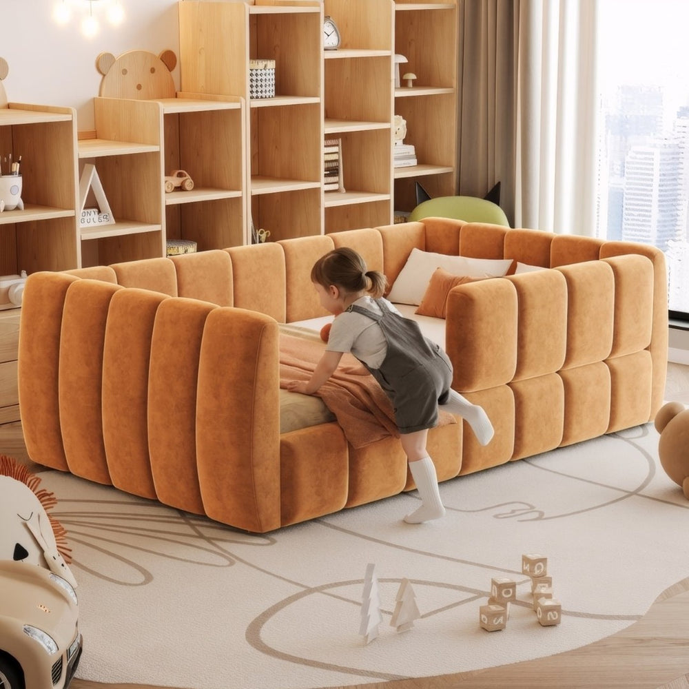 English Elm Upholstered Velvet Toddler Daybed with Removable Guardrails and Solid Slat Support Orange N899P452426C