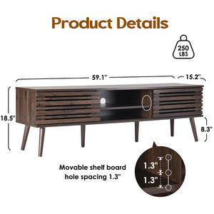 English Elm Mid Century Modern Fluted Wood Media Console with Storage Cabinets for Living Room Natural Walnut T3623P435373