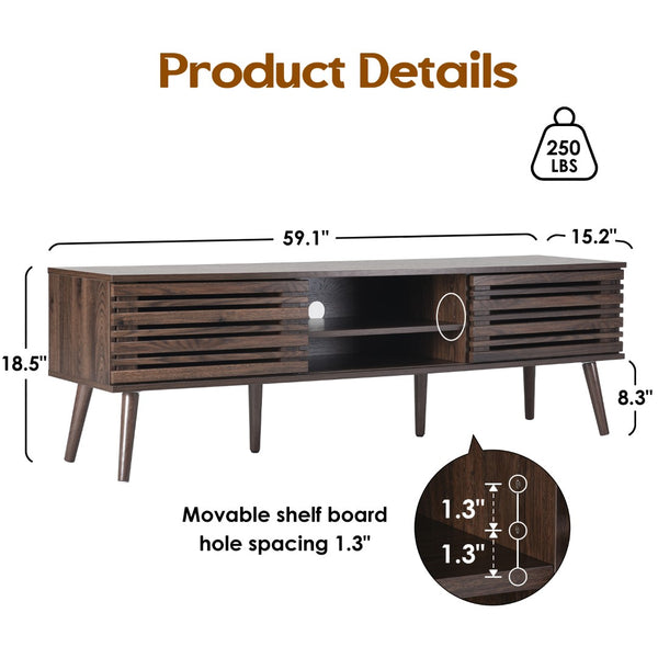 English Elm Mid Century Modern Fluted Wood Media Console with Storage Cabinets for Living Room Natural Walnut T3623P435373
