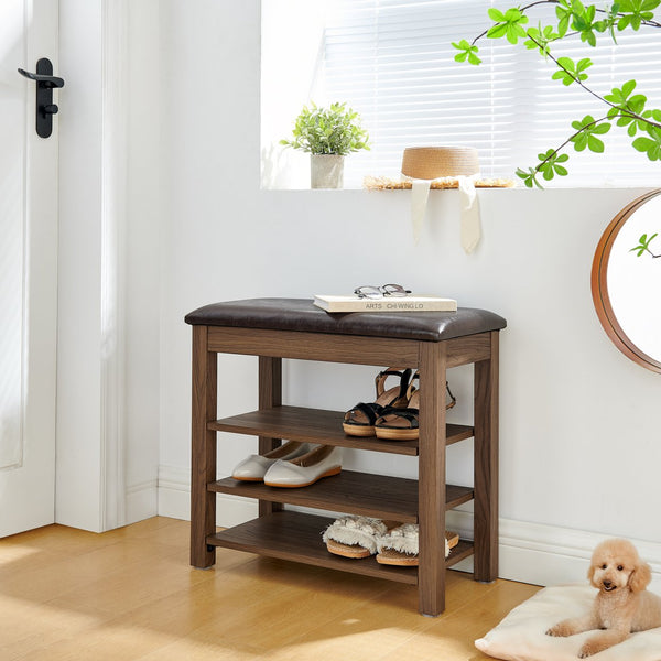 English Elm A Height-Adjustable Shoe-Changing Bench With Storage, Plush Seat, Natural Rubberwood, Warm Brown Finish W487P289976