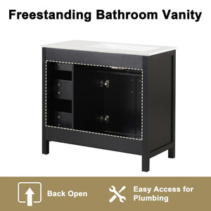 English Elm 36" Matte Freestanding Bathroom Vanity Solid Wood Cabinet Ceramic Sink Three Drawers Black N725P364205B