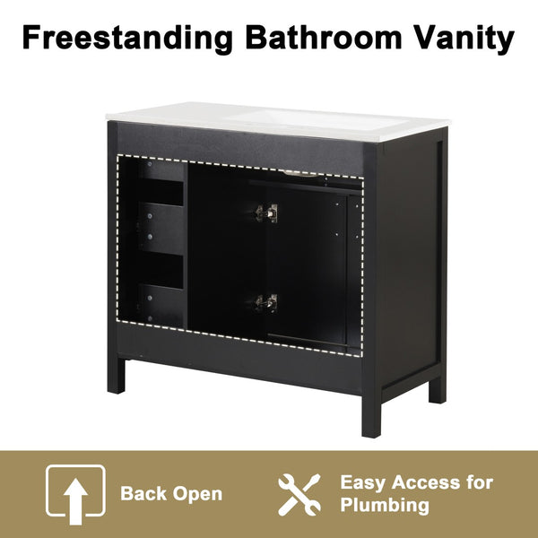 English Elm 36" Matte Freestanding Bathroom Vanity Solid Wood Cabinet Ceramic Sink Three Drawers Black N725P364205B