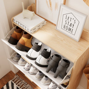 English Elm Shoes Storage Cabinet Slim Flip Door Entryway Organizer with Natural Wood Legs 16 Pairs W3166P268391