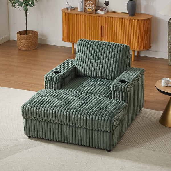 English Elm 42.5-inch corduroy single recliner with cup holder, storage ottoman, plush back pillow for lounging Green W834P375120