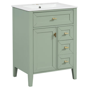 English Elm "24'' 24 Inch Glossy Freestanding Bathroom Vanity with Gold Hardware and Soft Close Storage Green Rubberwood N725P448529F