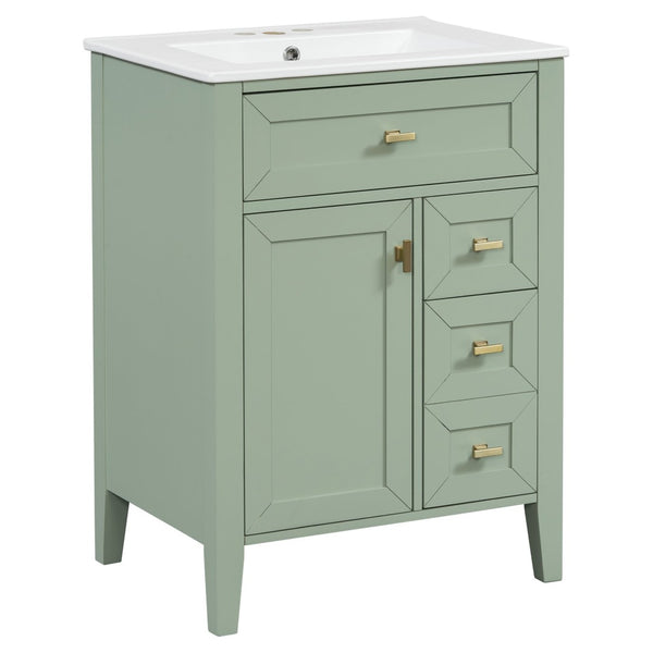 English Elm "24'' 24 Inch Glossy Freestanding Bathroom Vanity with Gold Hardware and Soft Close Storage Green Rubberwood N725P448529F