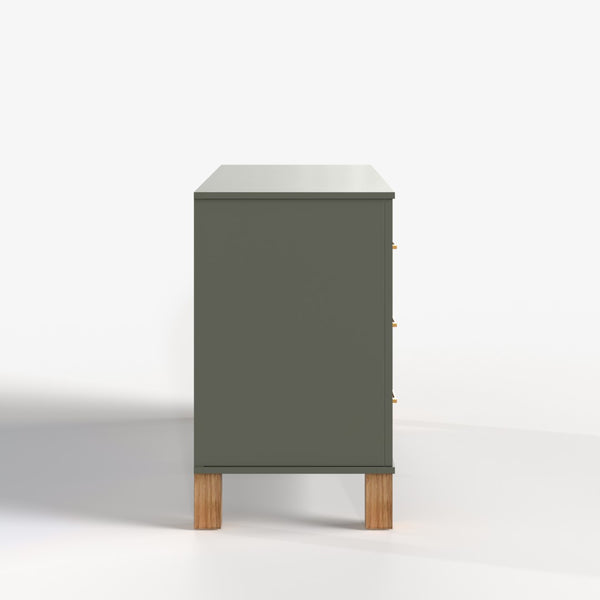 English Elm 6-drawer Double Dresser Solid Wood Legs Mid-century Modern Bedroom Storage Cabinet Olive W1445S00005