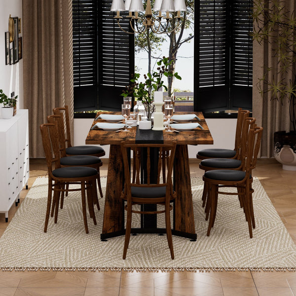 English Elm 70.9"Rectangular Waterproof Large Dining Table for 8 with Marble Top, Steel Frame, Adjustable Legs Black,Rustic Brown W1162P291767