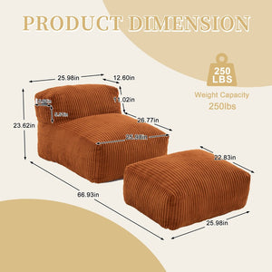 English Elm Big Corduroy Lounger Bean Bag with Ottoman Memory Foam Fill for Living Room Orange W395P435350