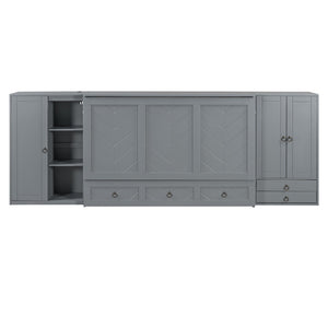 English Elm Queen Murphy Bed with Wardrobe Cabinets Built-in Usb Charging and Concealed Drawers Gray LP000590AAE