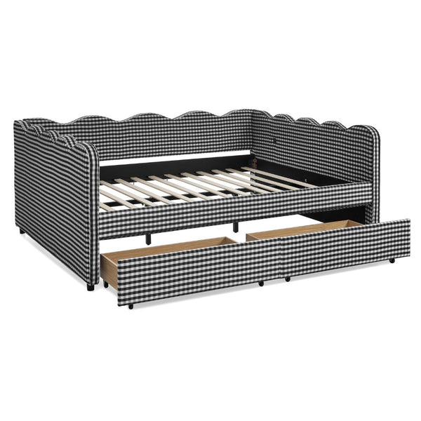 English Elm Queen Gingham Linen Daybed with Wave Backrest Two Storage Drawers and Usb Port Black W1413S00153