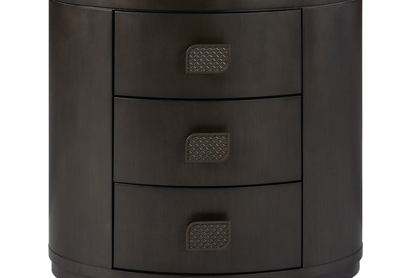 English Elm 3 Drawer Nightstand with USB Ports, Cement & Sand Mindi Veneer, Felt & Cedar Lined Drawers, Pull-Out Tray Black 31 L x 22 W x 30.5 H B2699P395335