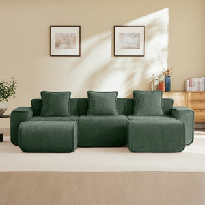 English Elm Streamlined Velvet U-shape Modular Sectional Sofa with Ottomans French Piping Cloud Foam Green W3041S00367