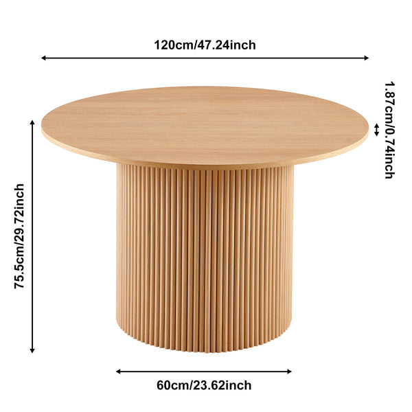 English Elm Oak 47" Round Dining Table with Oak Veneer Top, Mid-Century Wood & Metal Base, Sturdy Roman Column Design W1164P225836
