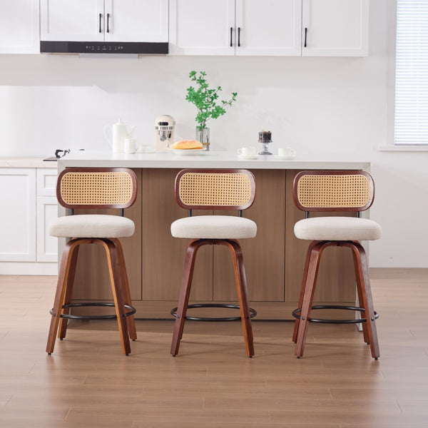 English Elm Set of 2 Swivel Counter Stools Walnut Frame Rattan Back Linen Seat Kitchen Island Beige W1143P392163